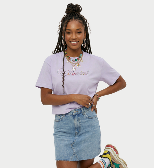 Whimsical Women's Boxy Tee – Pastel Cursive Graphic Crop T‑Shirt